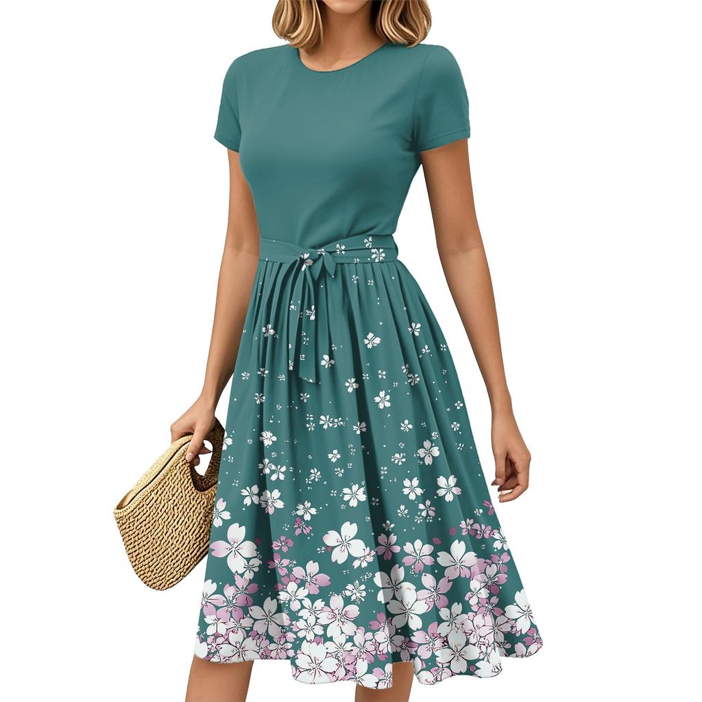Mote Dame Casual Belte Kortermet Rund Hals Geometrisk Trykk Spleiset Elegant Temperament Kjoler