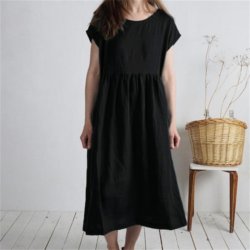 Women's Mid-Length Cotton Linen Dress - Round Neck, Short Sleeve, Solid Color, Pleated, Loose-Fit Casual Design