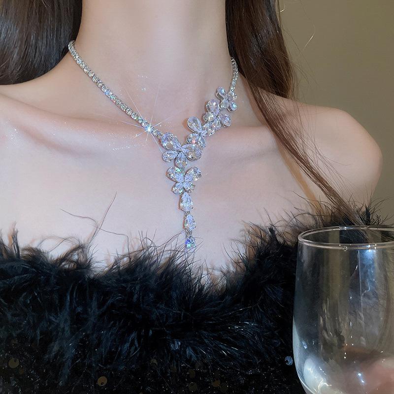 Silver Needle Zircon Butterfly Tassel Earrings & Necklace Set - Elegant Fashion Clavicle Chain for Weddings