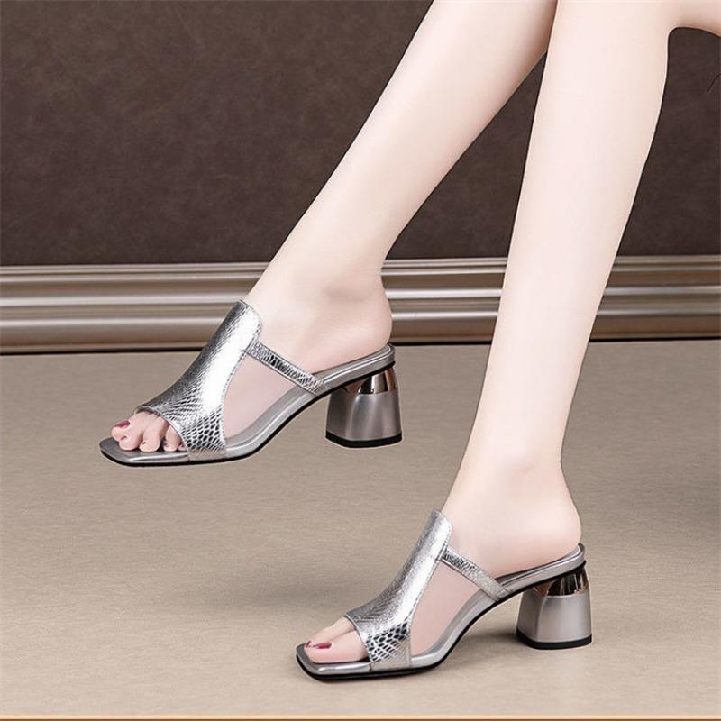 New Fashion Breathable High Heel Thick Heel Fashion Comfortable Square Head Cool Slippers Large Size Sandals Women's Summer