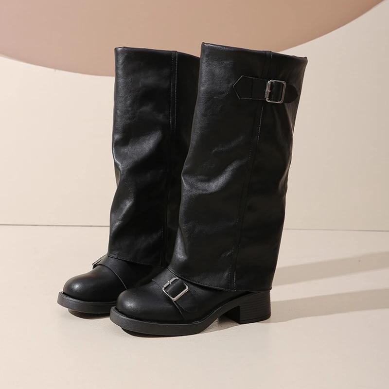 

Vintage Thick Heel Women Knee High Boots Fashion Ladies Belt Buckle Knight Long Booties 40