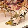 Fashion New Summer Fashionable Patent Leather Gold Leaf Women Sandals Elegant Pointed Toe Thin High Heels Gladiator Sandals Party Shoes