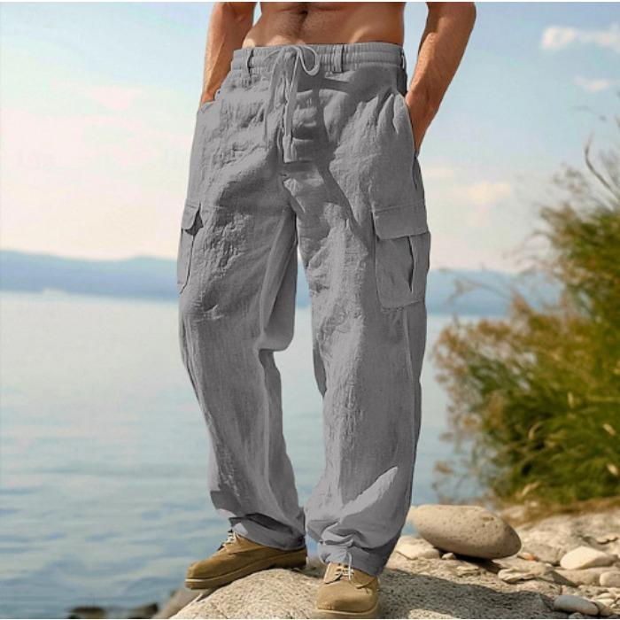 Men's Linen Four Seasons Thin Breathable Tooling Multi-Pocket Loose Casual Trend Wide Leg Pants