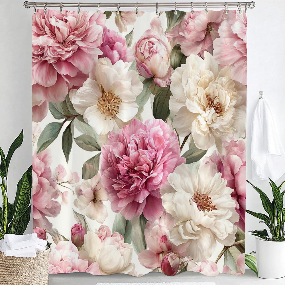 

1Pc Pink Flower Printed Waterproof Shower Curtain With 12 Plastic Hooks, Bathroom Divider, Bathroom Decor Window Curtain W60H190(CM)-1 Pcs