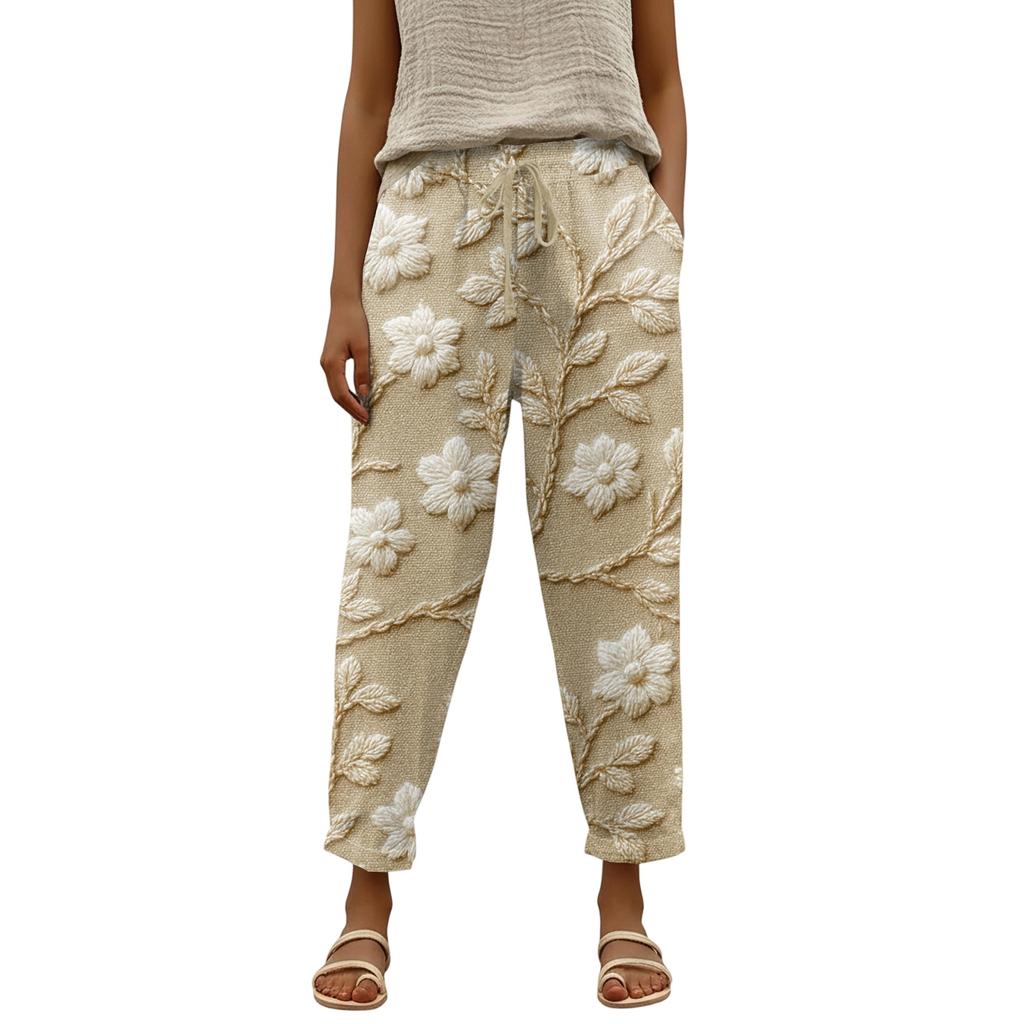 Damen Modische Hose mit Blumenmuster, Kordelzugtaschen und elastischem Bund für Freizeit