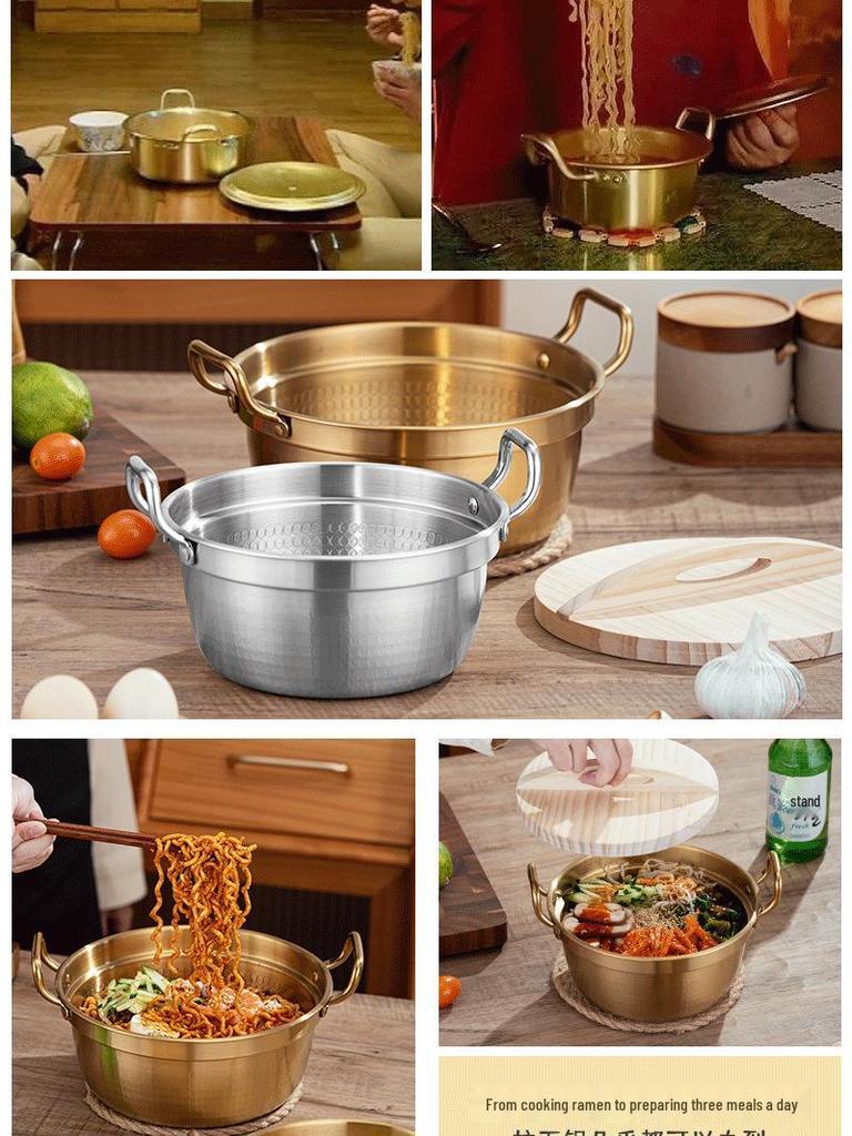 Korean Stainless Steel Mini Sukiyaki Pot with Lid - Double Ear for Luosifen & Instant Noodles