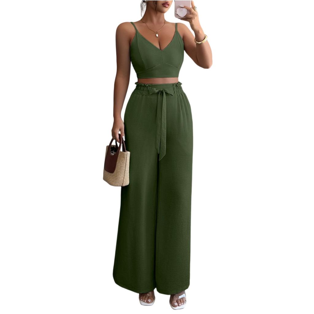 Ladies' Summer Loose Comfortable Casual Fashionable And Elegant Suspender Wide Leg Pants Two-piece Set