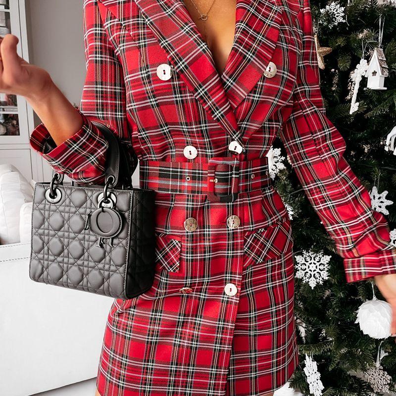 

Женское клетчатое платье-костюм двубортное с поясом 2025 Red S