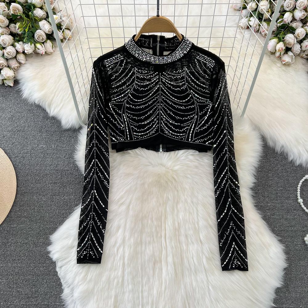 Fashion Suit, Fashion Long-sleeved Stand-up Collar, Slim-fitting Diamond-encrusted Short Top, Two-piece Set, High-waisted Fishtail Skirt.