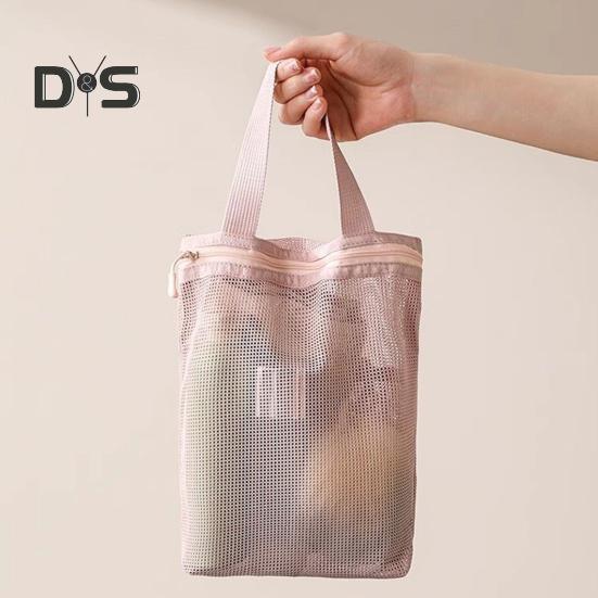 Storage Shower Bag Beach Toilet Bag Zipper Closure Large Capacity Solid Color Hollow Mesh Cosmetic Bag with Handle