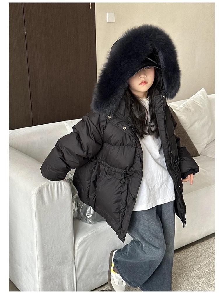 2024 Winter Kids' White Duck Down Jacket with Real Fur Collar, Hooded, Mid-Length for Boys and Girls