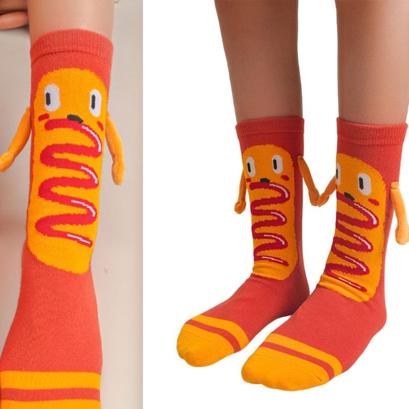Magnetic Hand Holding Middle Calf Socks Funny Cartoon Food Themed Hamburger Hot Dogs Print Crazy Design Socks for Women