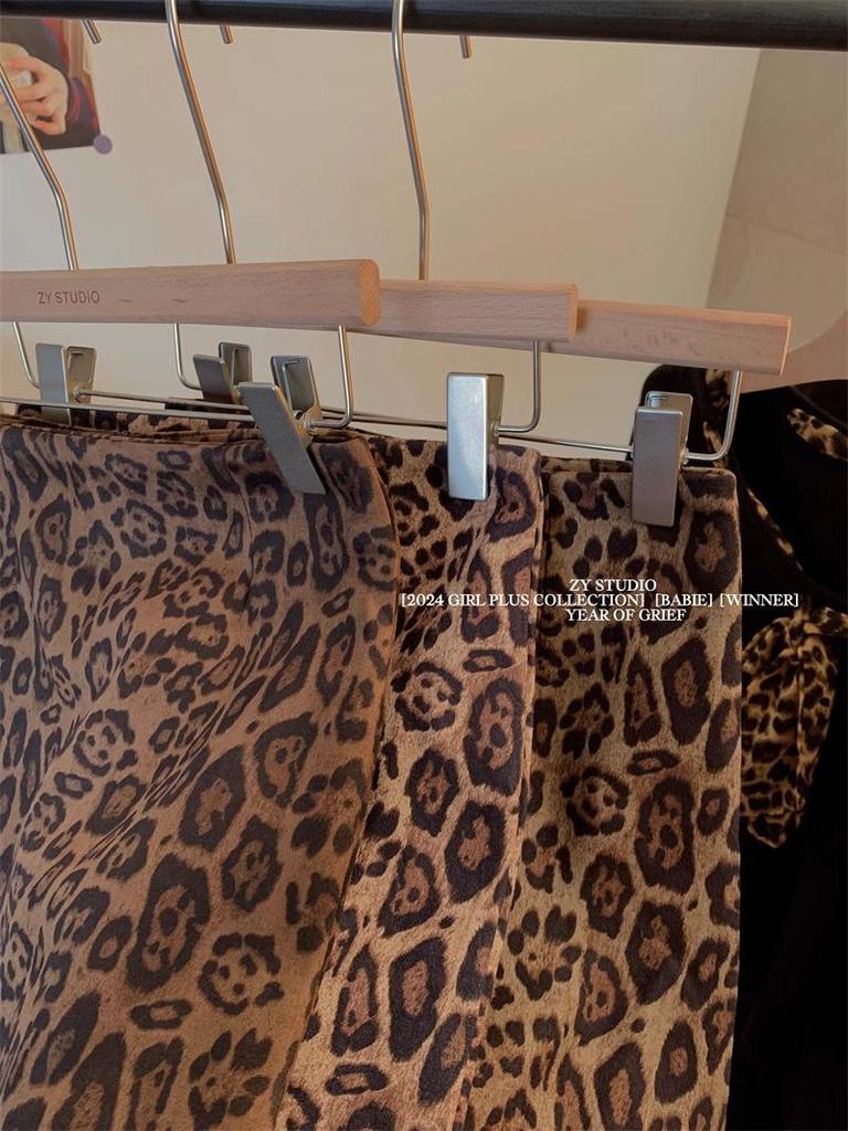 2024 European Leopard Print A-line Midi Skirt - High Waist, Slimming, Petite, Autumn Winter Style