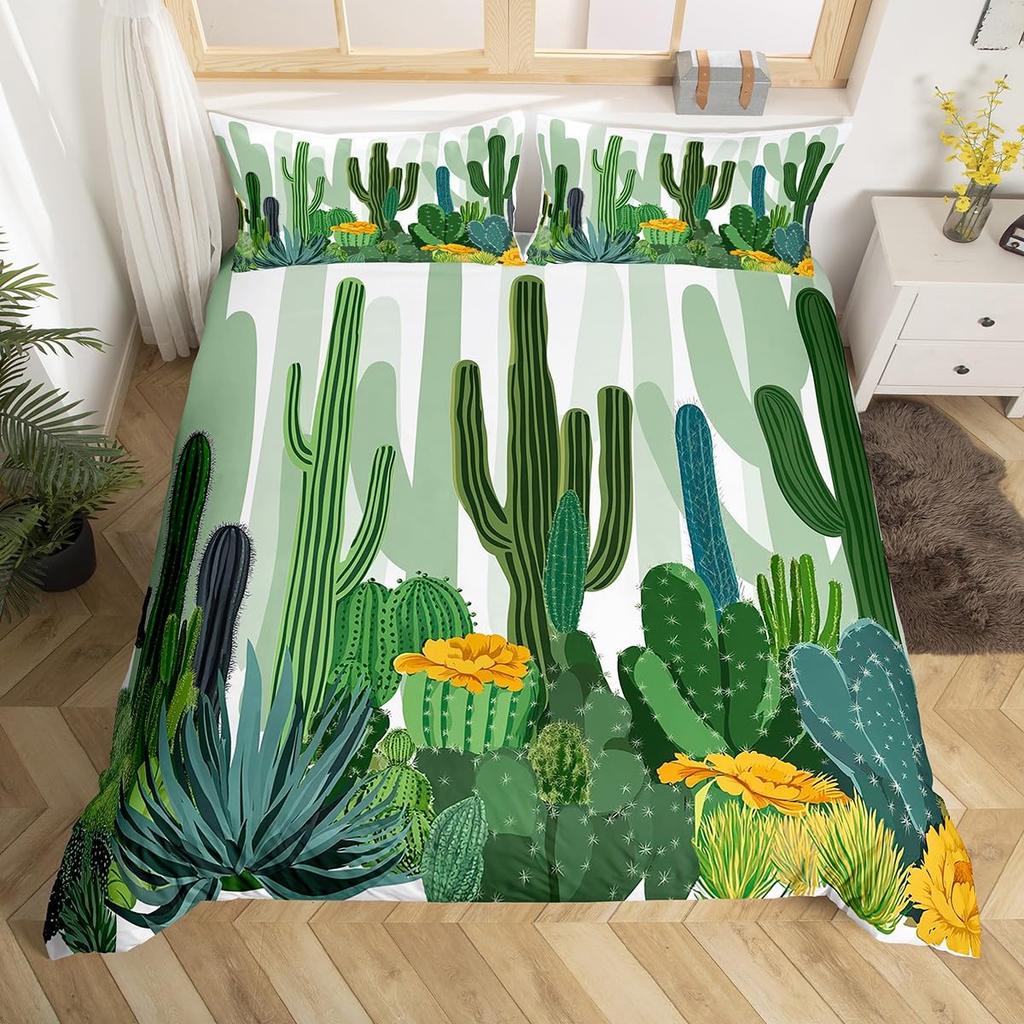 Comforter Chic Cactus Bedding Set Queen For Kids Teen Decor Cartoon Green Plants Succulents Nature Art Floral Comforter