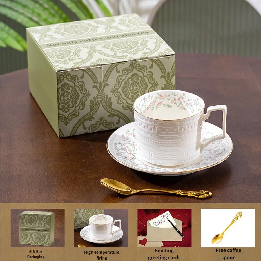 Vintage Floral Ceramic Coffee Cup & Saucer Set with Spoon, Gift Box, 280ml for Afternoon Tea 3pcs