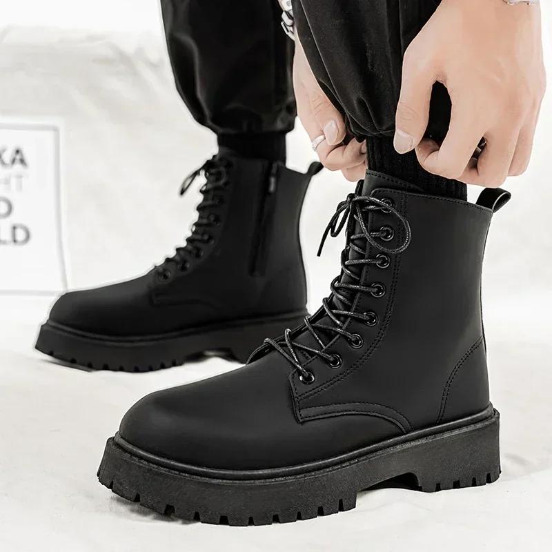 Mens High-top Boots High Quality Leather Casual Boots British Style Lace Up Ankle Boots Non Slip Platform Boot Botas Para Hombre