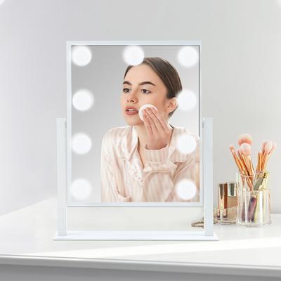 Schminkspiegel mit 9 LED-Lichtern, drei Farben, USB-betrieben, Spiegel, Tischplatte, Licht, Glühbirnen, Helligkeit, Modi, 360-Grad-Drehung,