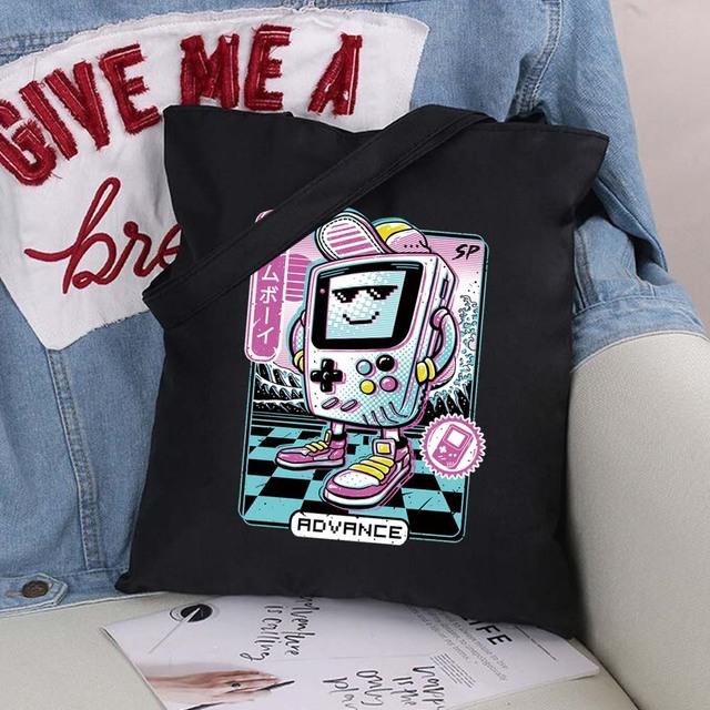 Women Shopping Bags Cute Cartoons Pattern Series Eco Shopper Shoulder Bag Fashion Black Printing Folding Handbag Canvas Tote Bag