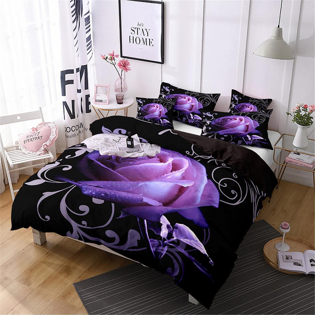 Three-Piece Rose Floral Style 3D Printed Quilt Cover Home Textile Bedding Kit