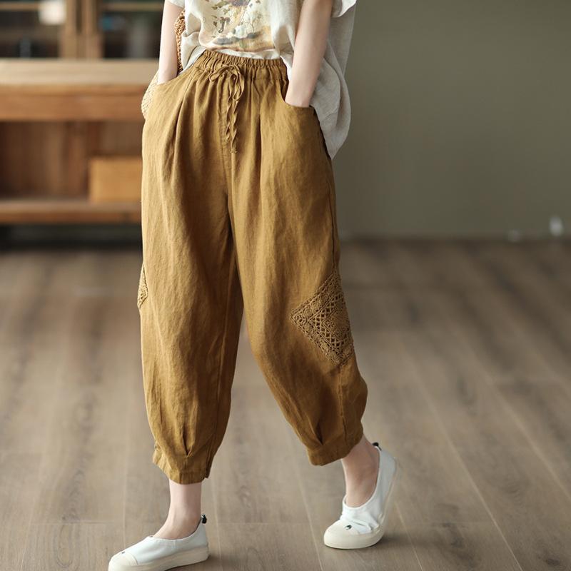 Summer Literary Loose Solid Color Cotton and Linen Elastic Waist Harem Pants Women's Nine-point Pants