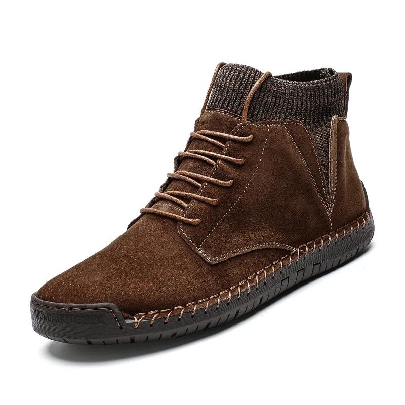 Mode Handgefertigte Rindsleder Wildleder Herren Lederstiefel Herren Outdoor Freizeitschuhe Herbst und Winter Plüsch Hoher Schaft Schneestiefel