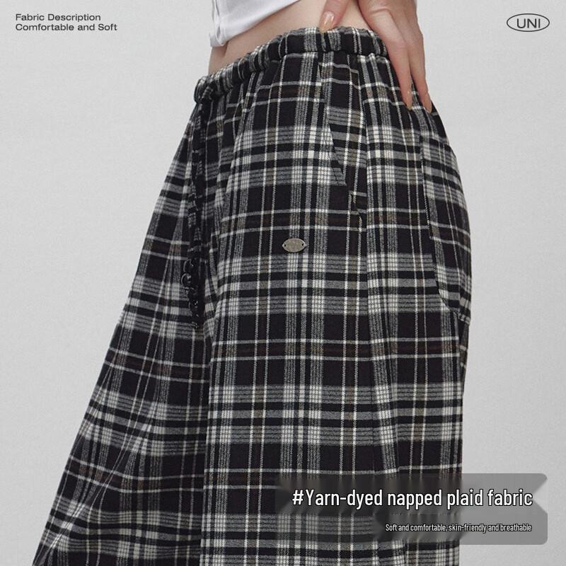 unifree Retro Plaid Brushed Wide-Leg Casual Pants