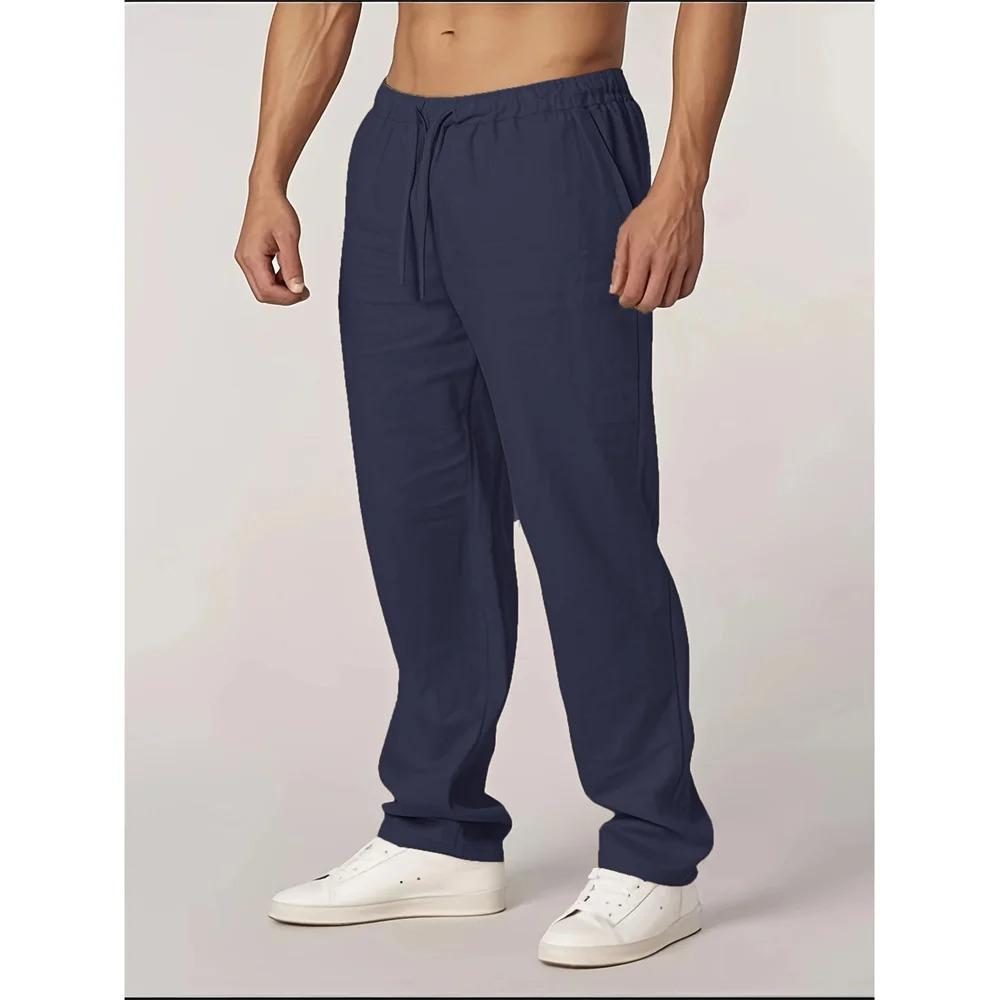 

Осень Новые Мужские Хлопково-Льняные Брюки Прямого Кроя Легкие Дышащие Повседневные Базового Стиля Эластичная Талия Длинные Брюки XXXL темно-синий