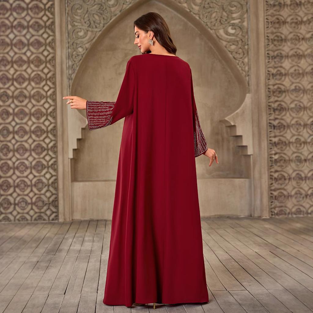XQY500405 Middle East Women's Clothing, Fashion Hot Diamond V-Neck Casual Loose Dubai New Dress