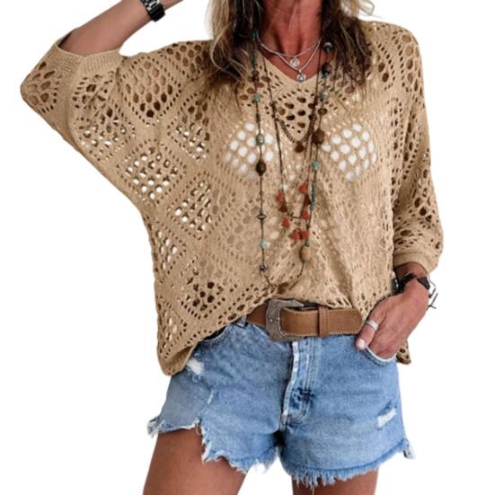 Women Tops V-Neck Three-quarter Sleeves Loose Fit Knitted Tops Pure Color Hollow Design Summer Casual Blouse