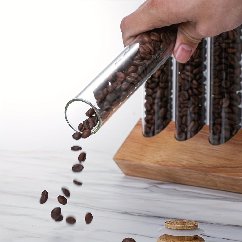 4pcs Food Jars & Canisters Glass Multipurpose Round Flip Top Reusable Test Tube With Rack Empty Coffee Beans Tea Spice Glass Storage Bottle For Bar Ho