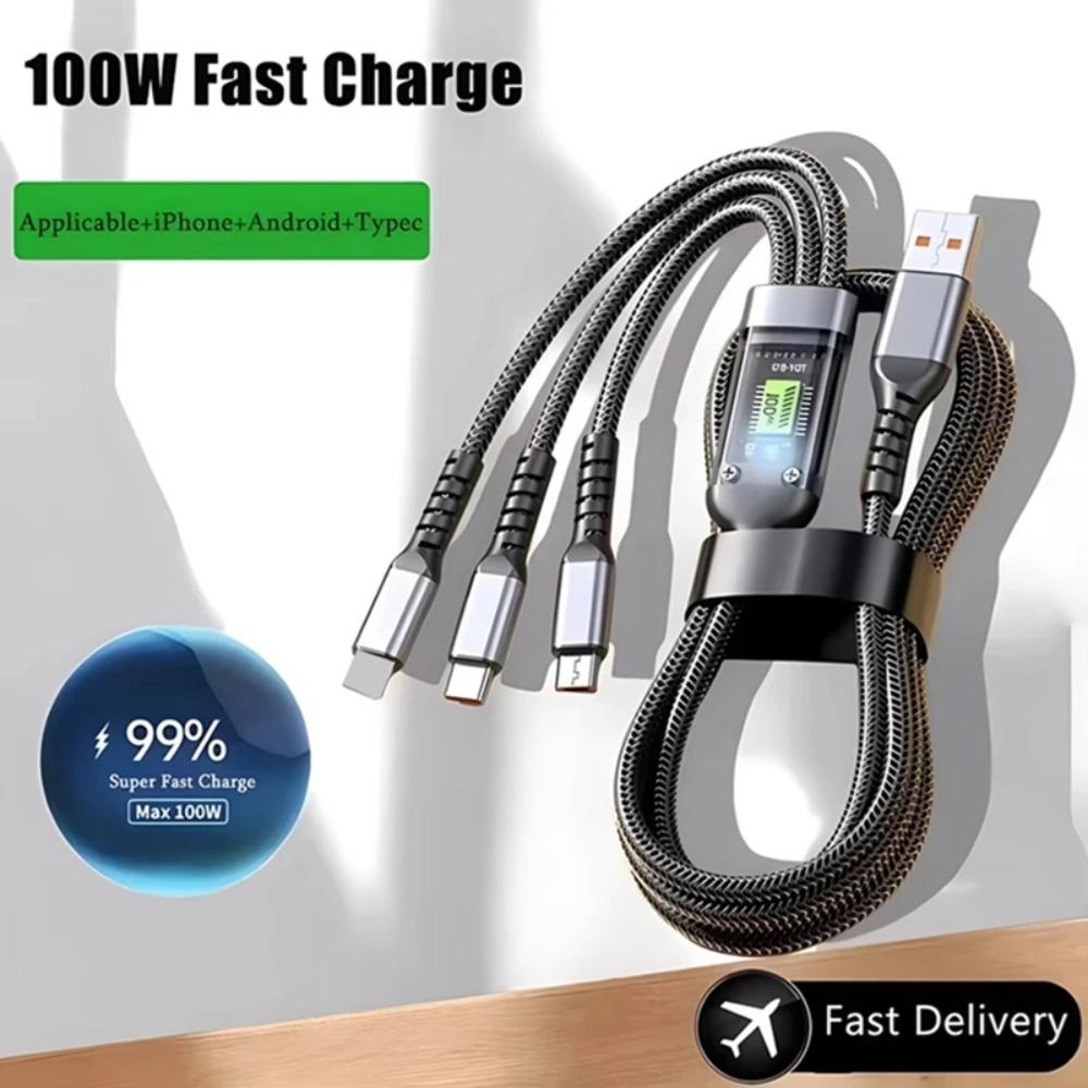 3-In-1 Super Fast Charging Cable, 3-In-1 Charging Cable With Transparent Illuminated Braided Nylon Wire, Fast Charging Data