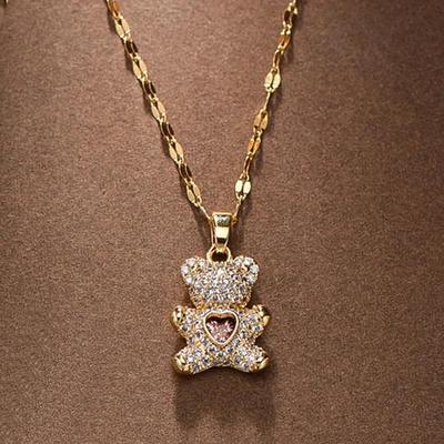 Colliers Pendentifs Ours Mignon Flash pour Femmes Chaîne de Lien Dorée en Acier Inoxydable Titane Bijoux Féminins Cadeau