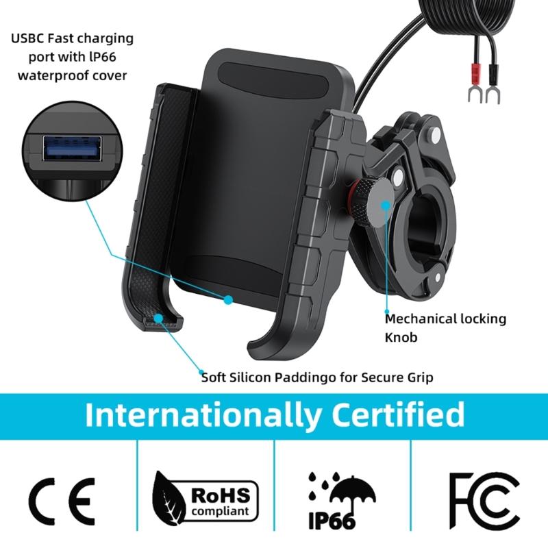 Motorcycle Phone Mount with USB3.0 Fast Charging Motorcycle Handlebar Cellphone Holder for 5-7.2inch Device