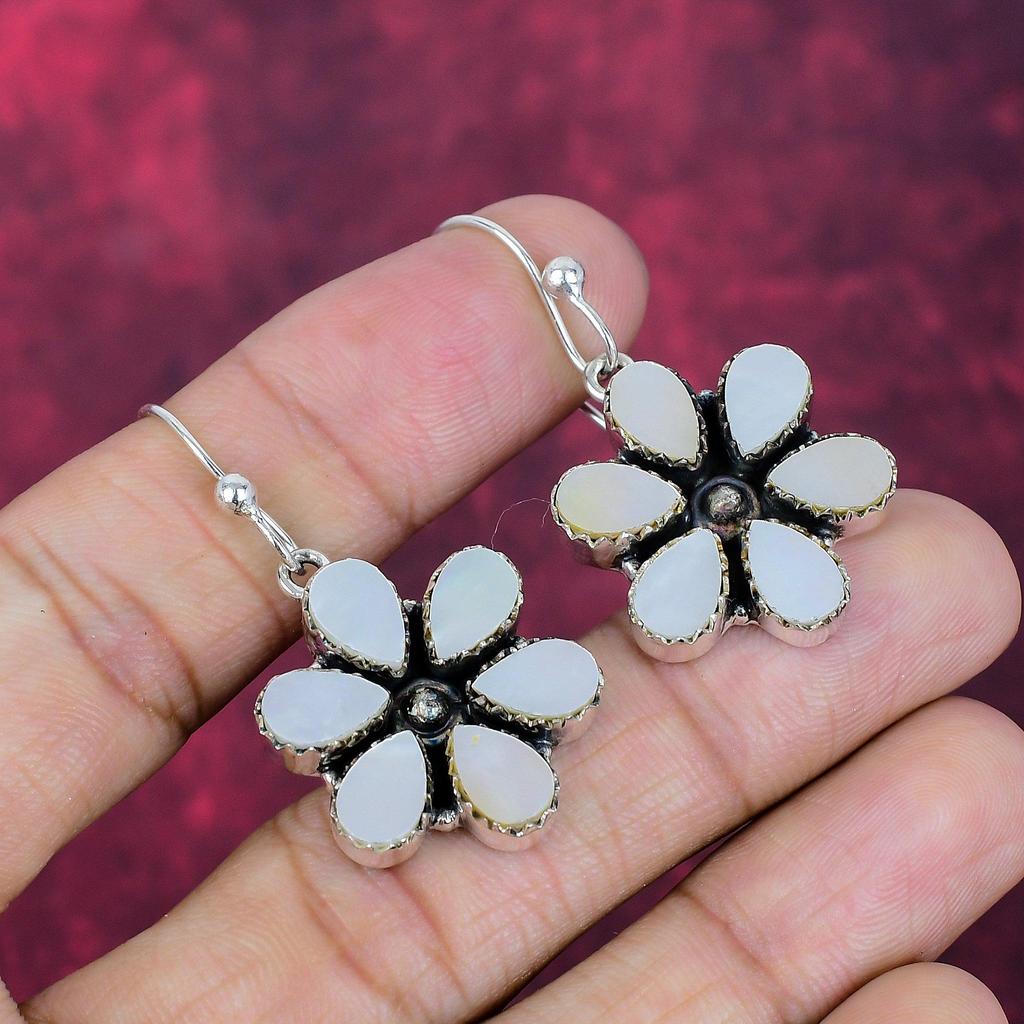 Perlmutt Handgefertigter Edelsteinschmuck, 925 Massiver Sterling Silber Ohrringe Antiker Schmuck