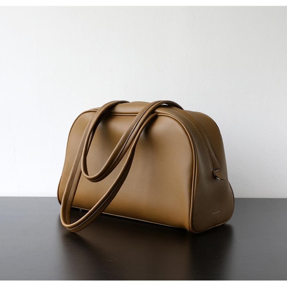 Light Luxury Retro Casual Underarm First Layer Calfskin Bowling Bag Women's Large-capacity Leather Portable Shoulder Messenger Bag