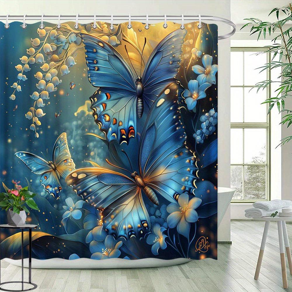 Butterfly Theme Shower Curtain - Oil Painting Style, Floral Pattern, Polyester Bathroom Decor, Bathtub Partition, 12 Hooks