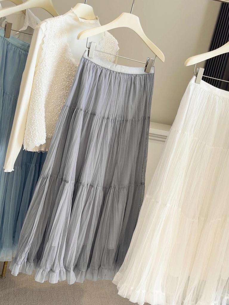 Women's 2026 Spring High-Waisted Ruffled A-Line Mesh Skirt