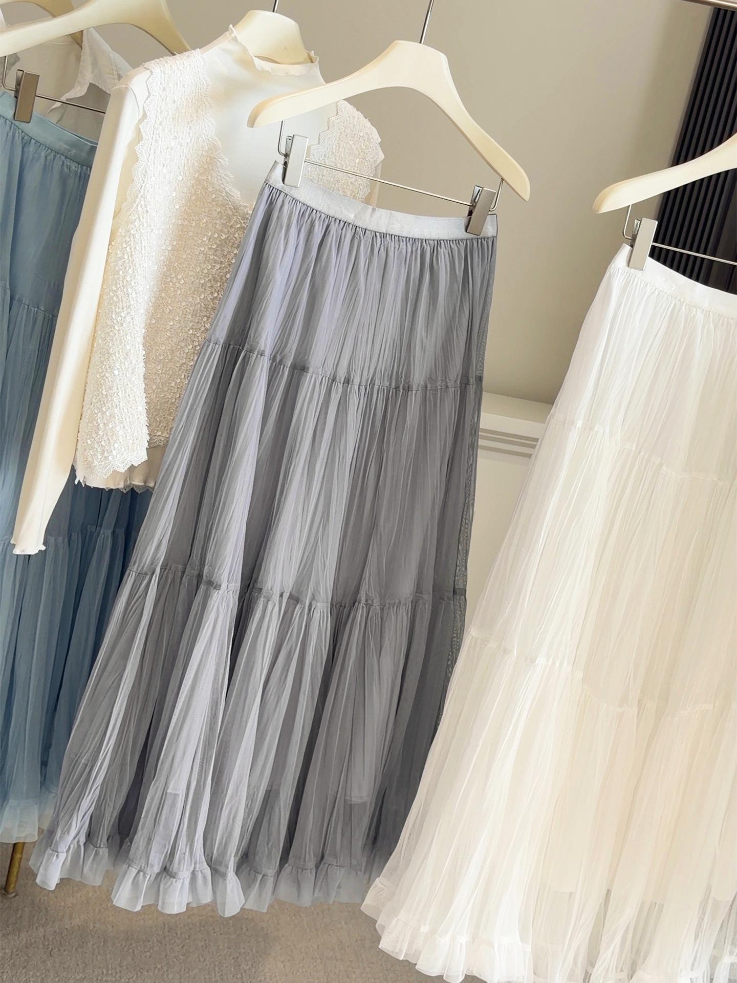 

French Style High-Waist Midi Skirt: Spring A-Line Pleated Mesh Swing Skirt for Women One Size серый