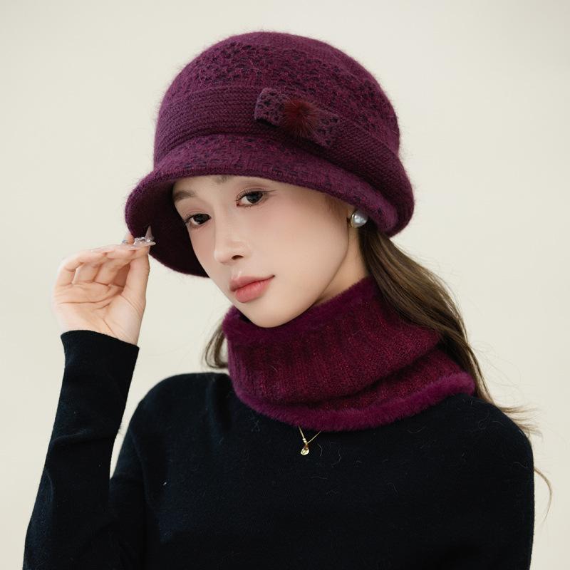 New Autumn and Winter Two Color Plush Bow Warm Basin Hat Versatile Bright Silk Rabbit Hair Basin Hat Can Scarf Cold Proof Set