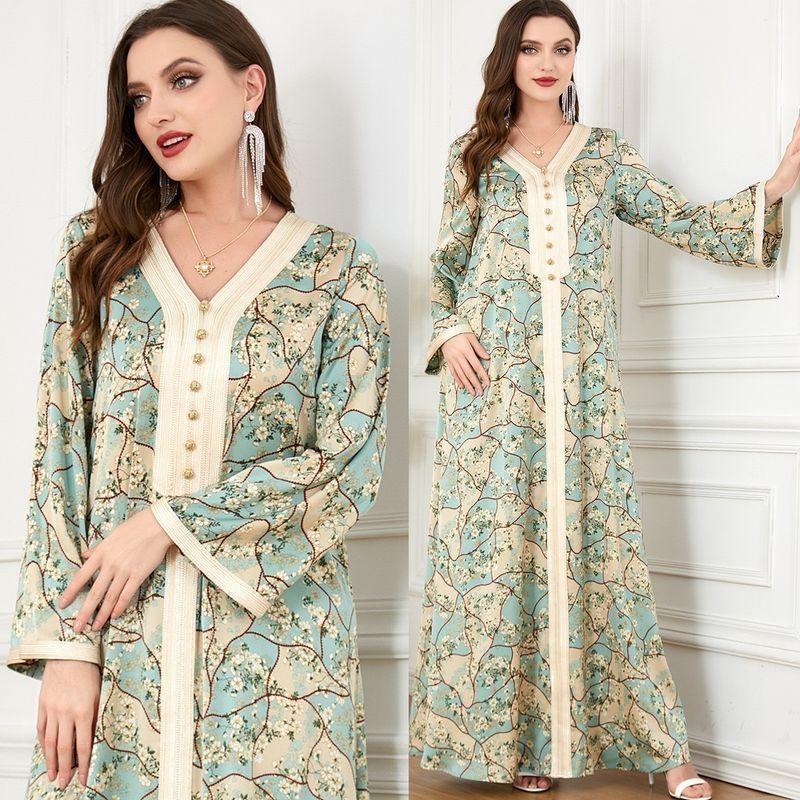 Middle East Indonesia Southeast Asia Robe V Neck Ribbon Print Women's Spring Summer Autumn Robe Long Sleeves Dress Dresses