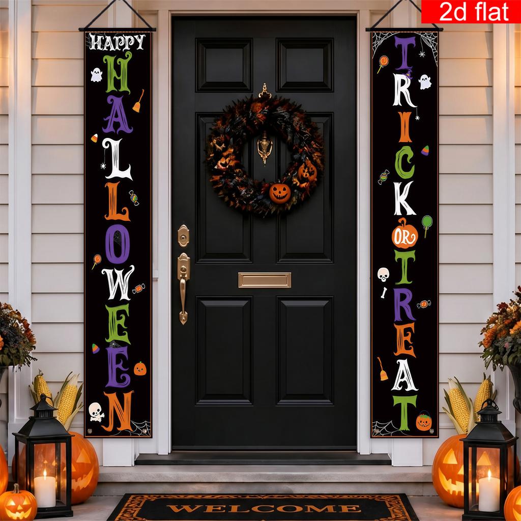 2D Flat, 2D Flat - 2D Flat, 2pcs, for halloween Happy Trick Or Treat Theme Front Door Porch Sign Banner, Polyester, Black Background with Colorful Let