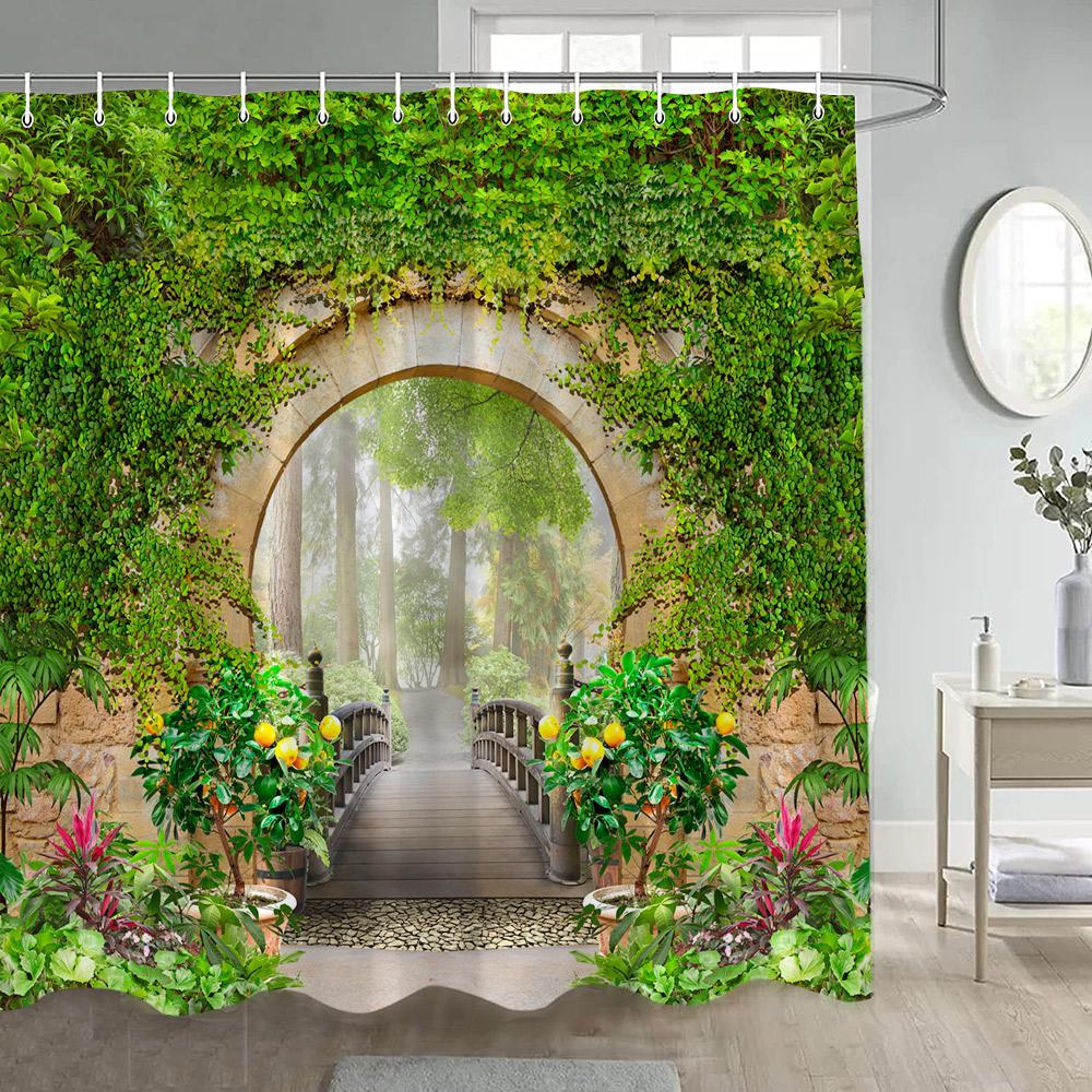 Chinese Style Garden Shower Curtains Green Bamboo Plants Arches Moon Door After Rain Landscape Polyester Bathroom Curtain Decor