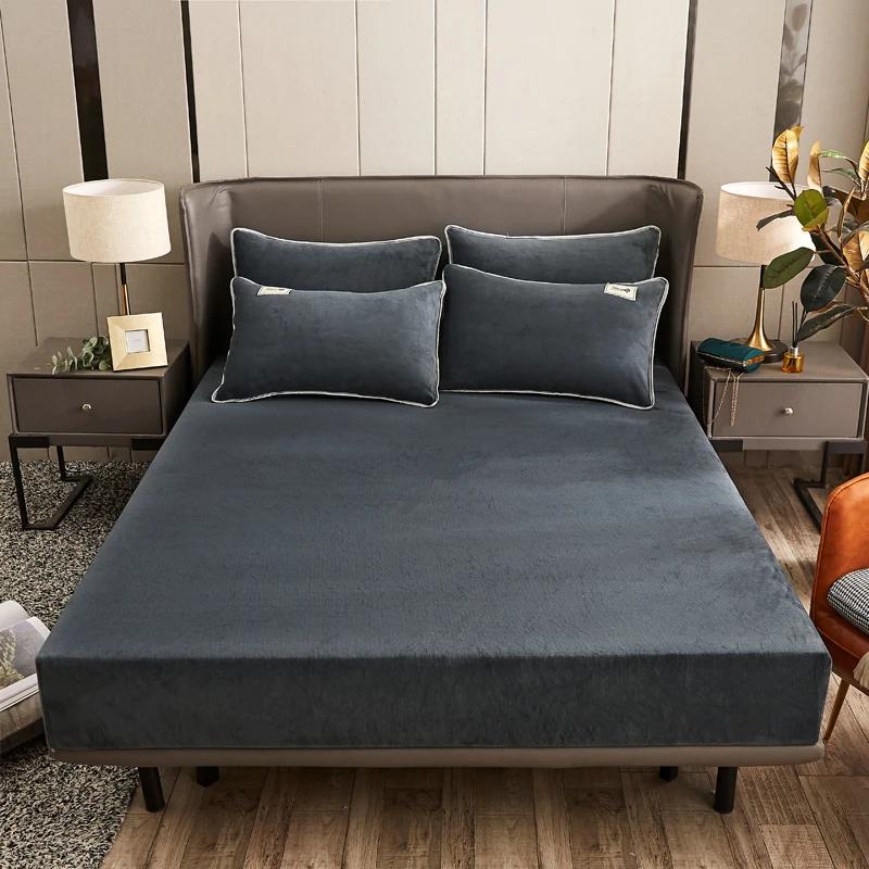 Winter Plush Fitted Sheet Elastic Double Bed Sheet Warm Bedspread Solid Color Mattress Cover Bed Linen Protector (No Pillowcase)
