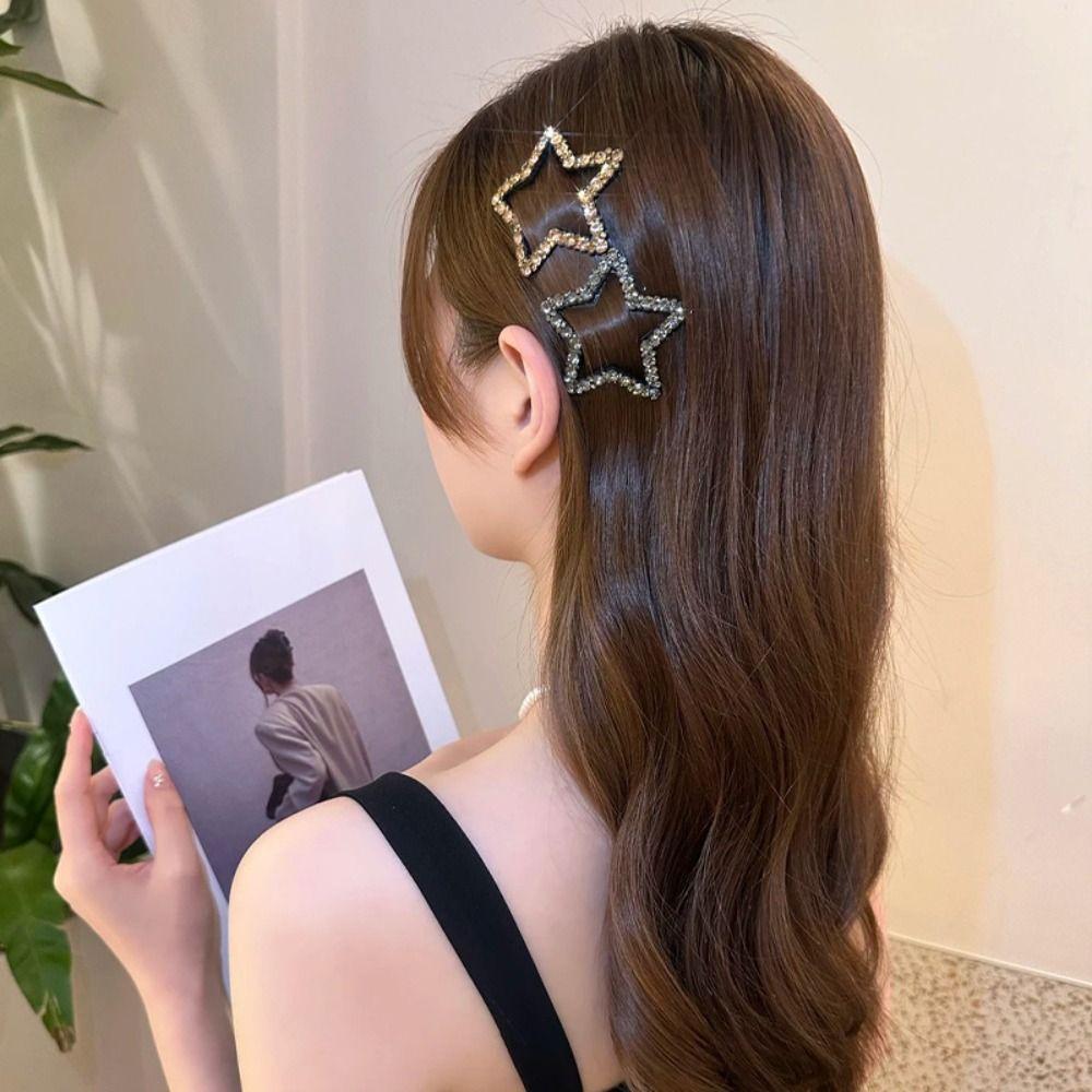 Geometric Rhinestone Star BB Clip\ Metal Hollow Hair Clip Elegant Star Side Clip  Girls