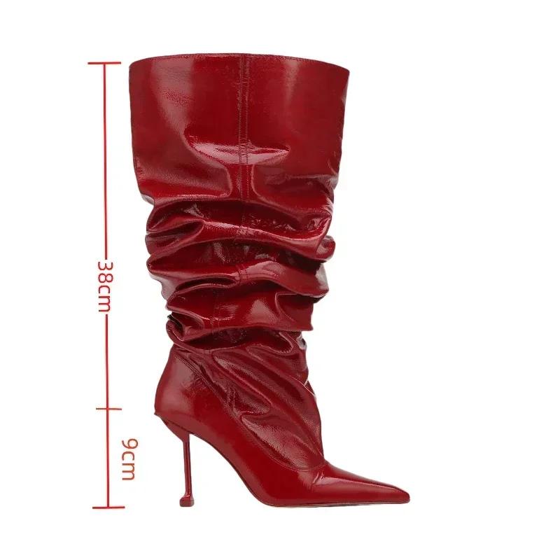 New Wrinkled Patent Leather Pointed High-heeled Stacked Boots with Large Tube Circumference European and American Long Boots
