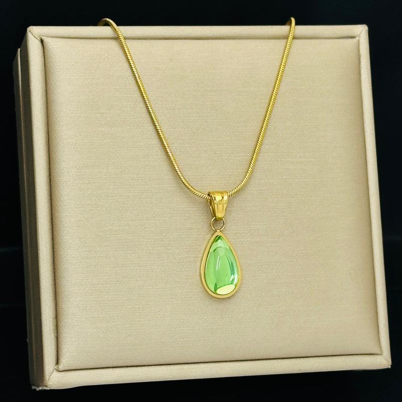 Luxury Gold Stainless Steel Teardrop-shaped Blue and Green Crystal Pendant Necklace Stud Earrings Set for Woman Jewelry