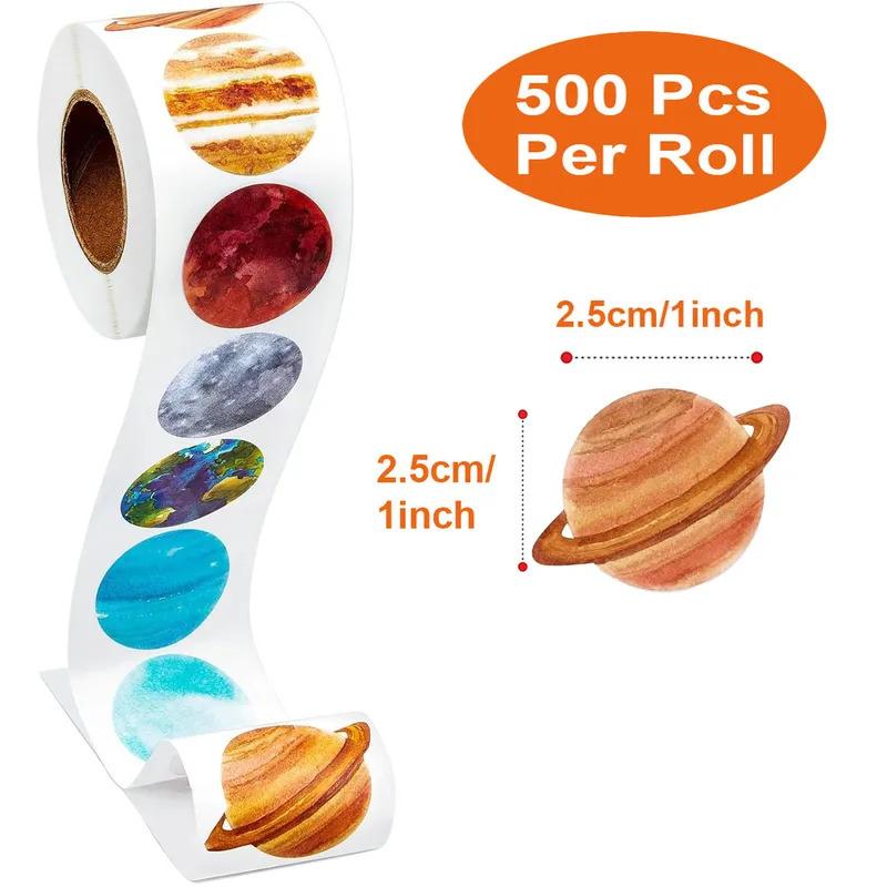 Colorful Solar System Planet Sticker Roll, 500 Pieces/Roll, 2.5 cm/1.0 Inch, for Space Knowledge Learning, Decorations, Gifts,
