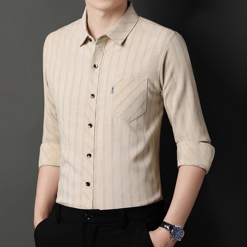 Long-sleeved Striped Spring and Autumn Shirt for Men Middle-aged Business Casual Real Pocket Cotton and Linen Dad Men's Shirt
