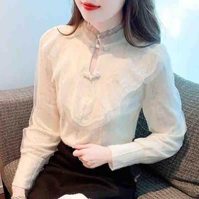 Autumn Winter Fashion New 2024 Long Sleeve Beading Stand Collar Ruffles Apricot Velvet Lace Blouse Shirt Women Tops Blouses Shirts J769