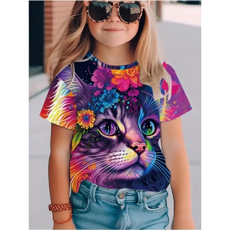 Girls Casual Leopard Heart Print Short Sleeve T-Shirt, Breathable Comfort Fit Tee for Summer 100